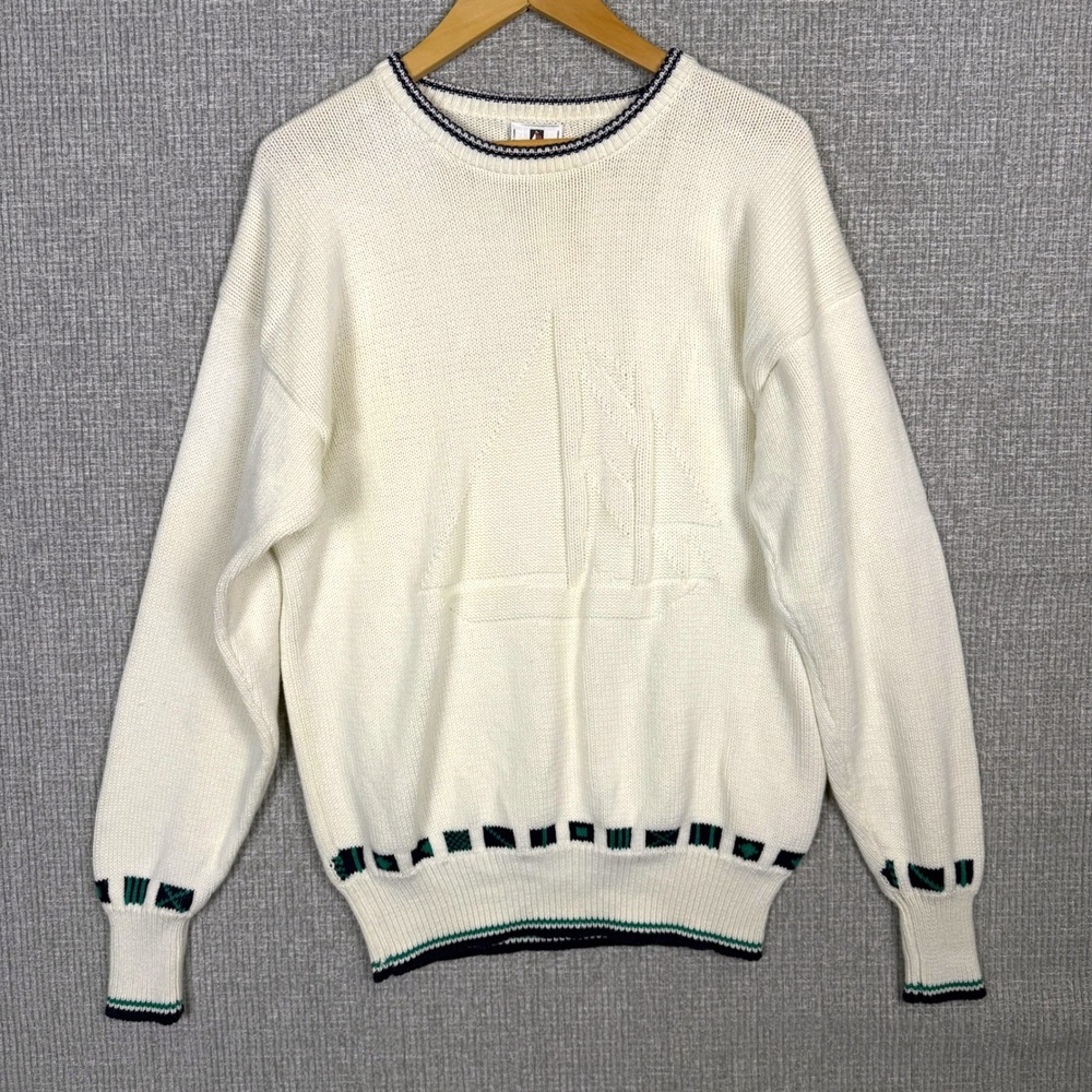 Vtg Norsport Knit Sweater Woven Boat Graphic Crew  Pullover Ivory Sz L Nautical‎